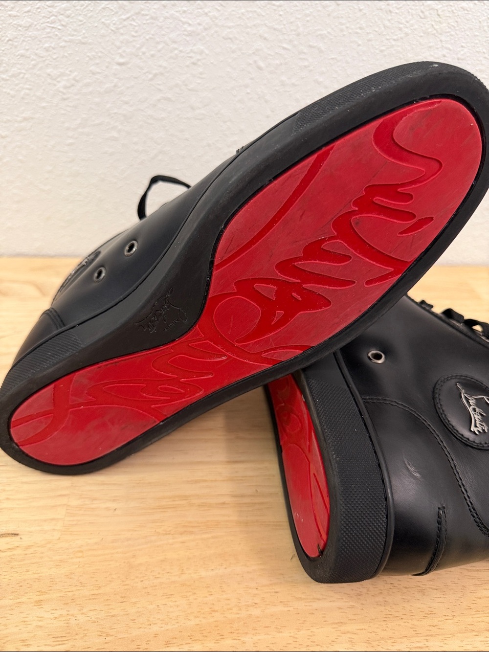Christian Louboutin Men’s Black Leather High-Top Sneakers with Logo Patch - Picture 11 of 12